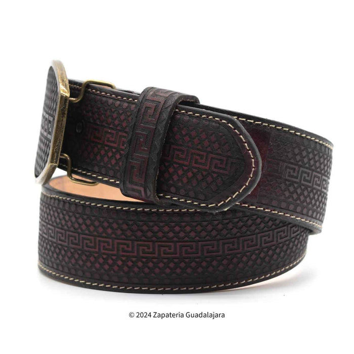 H070 MEN WESTERN 2 LASER LEATHER BELT BLACK CHERRY