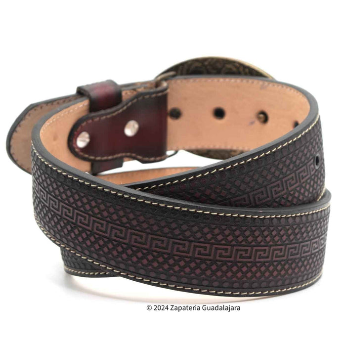 H070 MEN WESTERN 2 LASER LEATHER BELT BLACK CHERRY