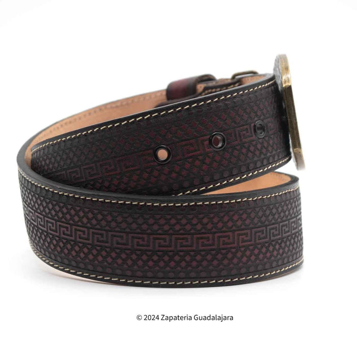 H070 MEN WESTERN 2 LASER LEATHER BELT BLACK CHERRY