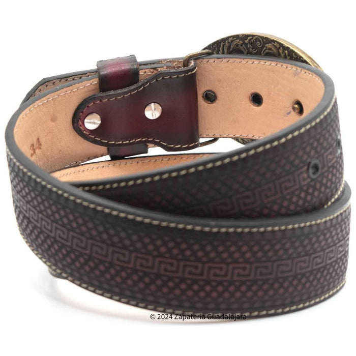 H070 MEN WESTERN 2 LASER LEATHER BELT BLACK CHERRY