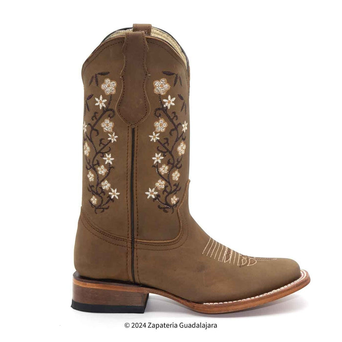 Women's Wide Square Toe Crazy Tan Embroidered Leather Boot-H22M2631F