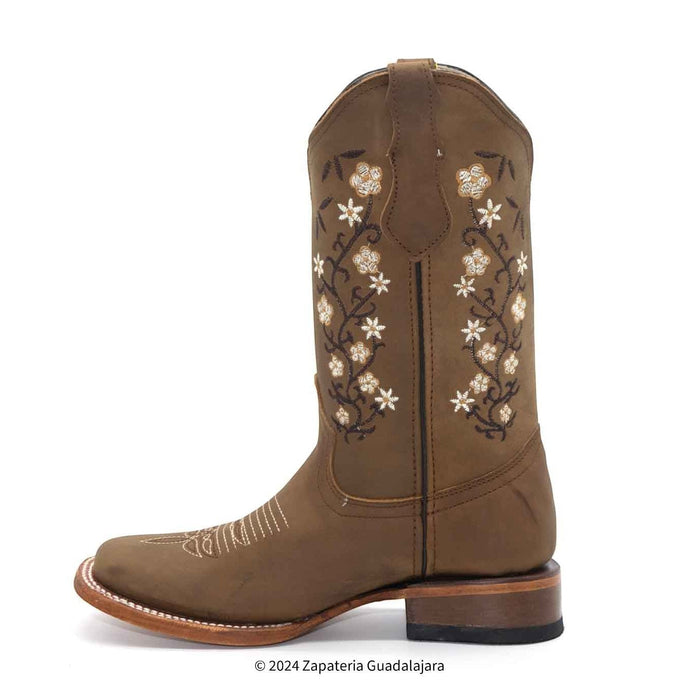 Women's Wide Square Toe Crazy Tan Embroidered Leather Boot-H22M2631F