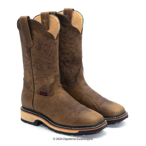 Pair of brown leather boots on a white background