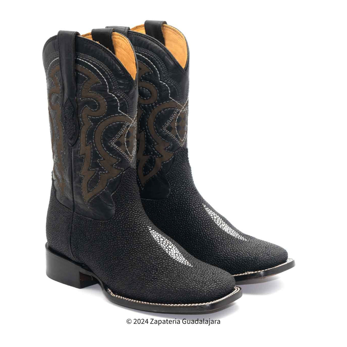 STINGRAY SINGLE STONE PRINT MEN'S WIDE SQUARE TOE BLACK LEATHER BOOT ...
