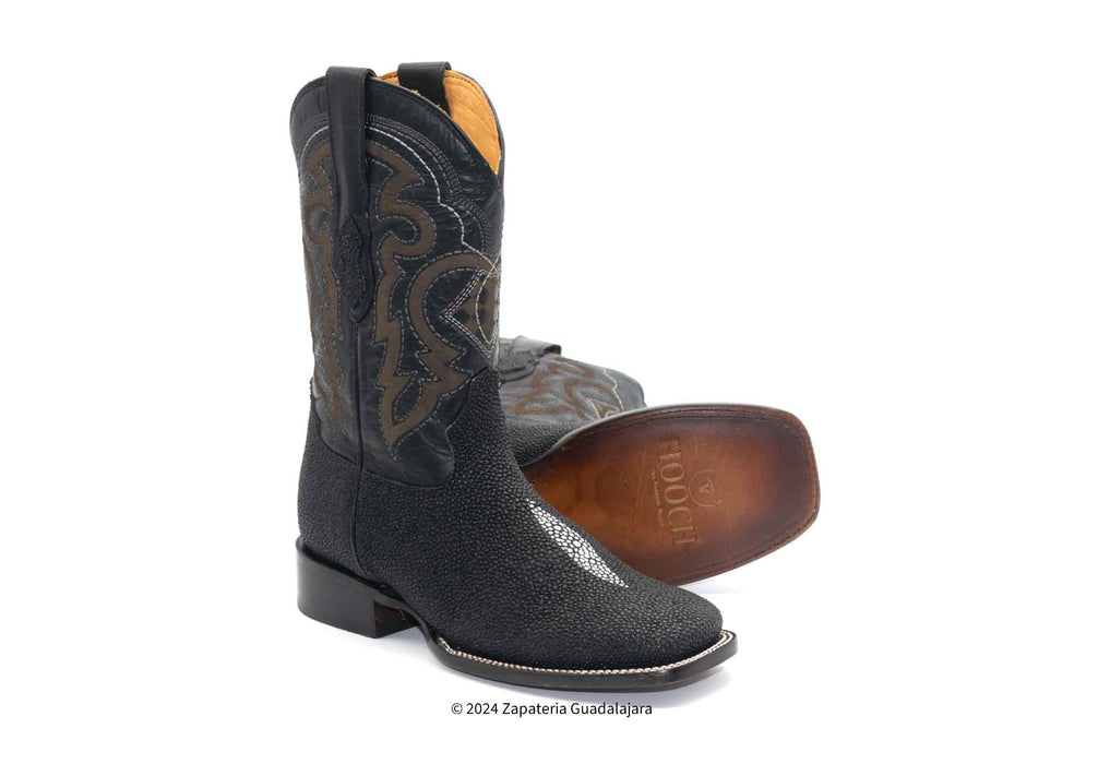 H52R9505 MEN WIDE SQUARE TOE SINGLE STONE STINGRAY PRINT BLACK LEATHER BOOT