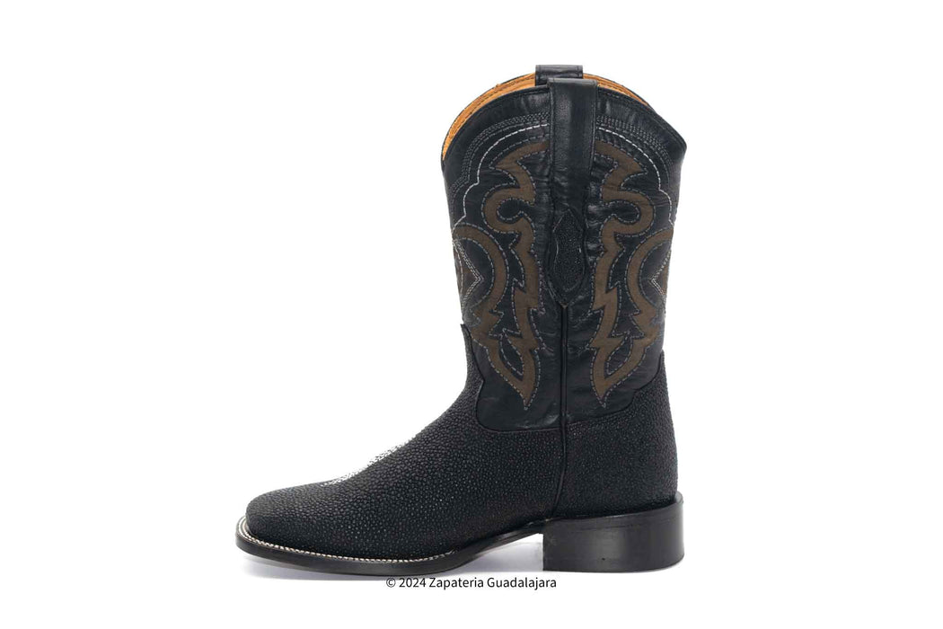 H52R9505 MEN WIDE SQUARE TOE SINGLE STONE STINGRAY PRINT BLACK LEATHER BOOT