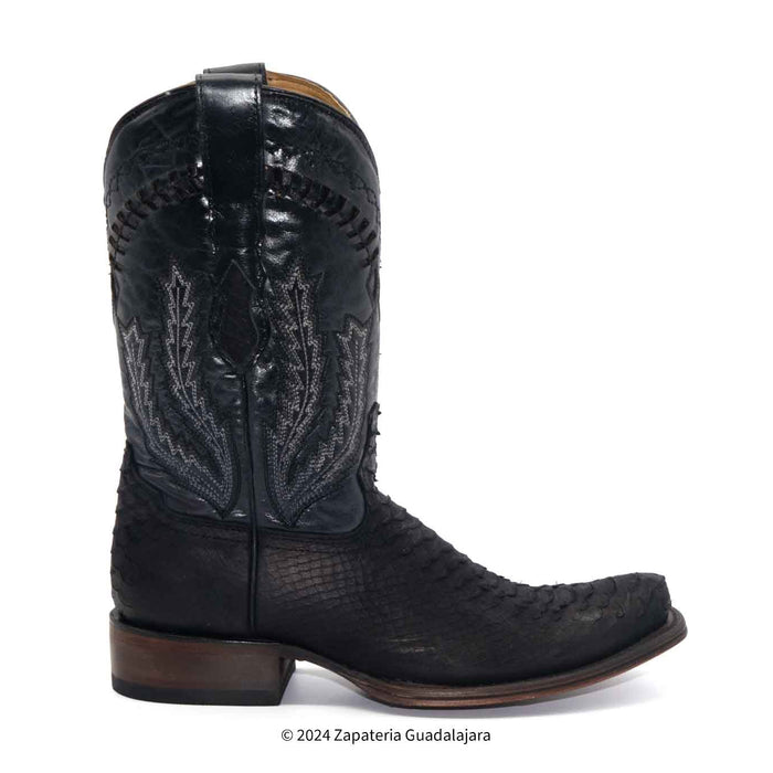 A single black western cowboy boot with textured leather, decorative stitching, and a square toe, shown in profile against a white background.