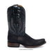 A single black western cowboy boot with textured leather, decorative stitching, and a square toe, shown in profile against a white background.