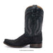 Black high-heeled boot with unique lacing design on a white background