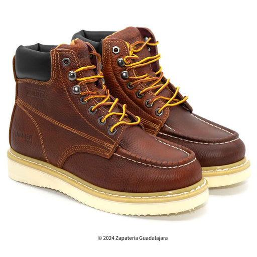 Pair of brown leather boots with yellow laces on a white background