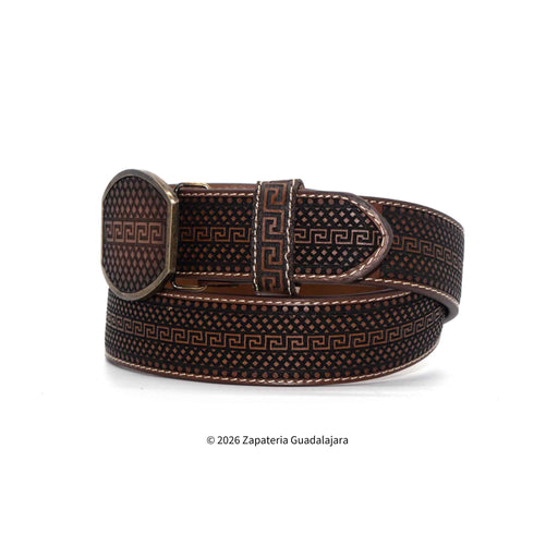 Brown leather belt with decorative buckle on a white background