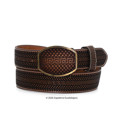 Brown leather belt with a decorative buckle on a white background