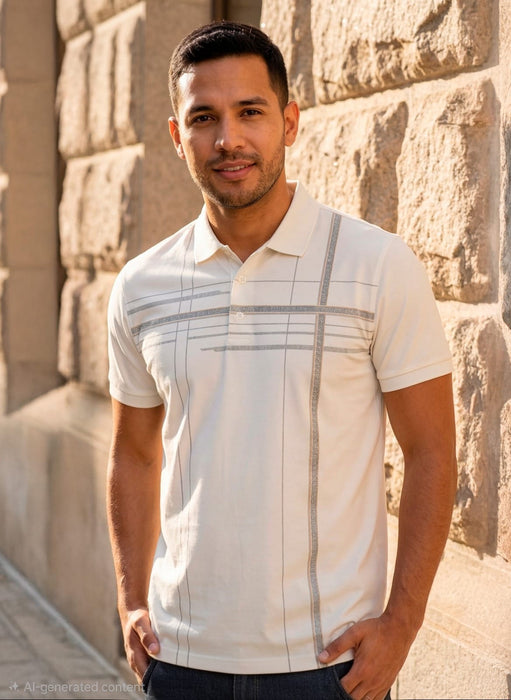 Man wearing a white short-sleeve shirt with gray stripes against a stone wall.