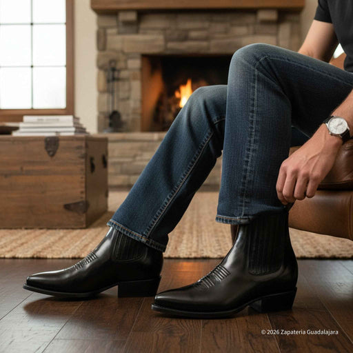 Person wearing black leather boots and blue jeans sitting in a cozy room with a fireplace.