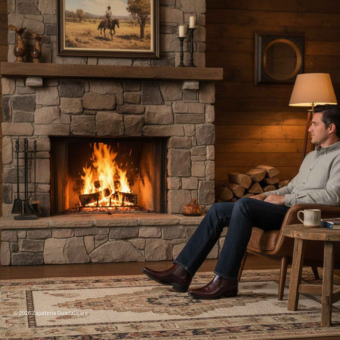 Man sitting in a chair by a stone fireplace with a warm fire.