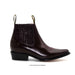 Dark brown leather boot with a pointed toe on a white background