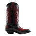 Black and red cowboy boot on a white background