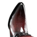 Close-up of a shiny brown leather boot with a pointed toe on a white background