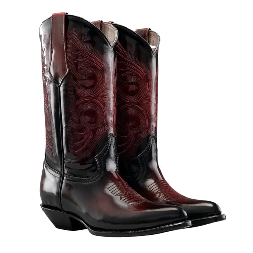 Pair of brown cowboy boots with black soles on a white background