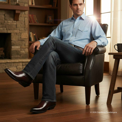 Man sitting in a leather chair in a cozy room with a fireplace and bookshelf.