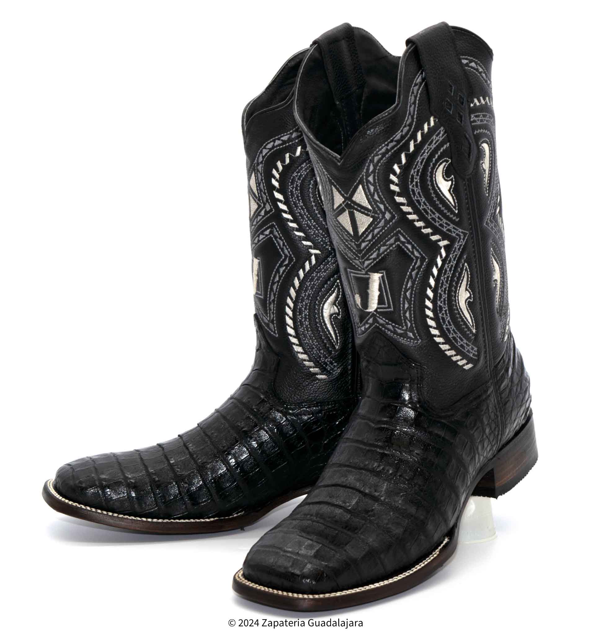 Caiman Belly Black Wide Square toe leather boot-JB706 | Genuine
