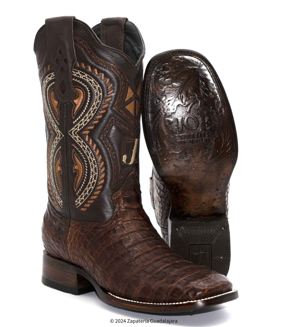 Caiman Belly Brown Wide Square toe leather boot-JB706 | Genuine