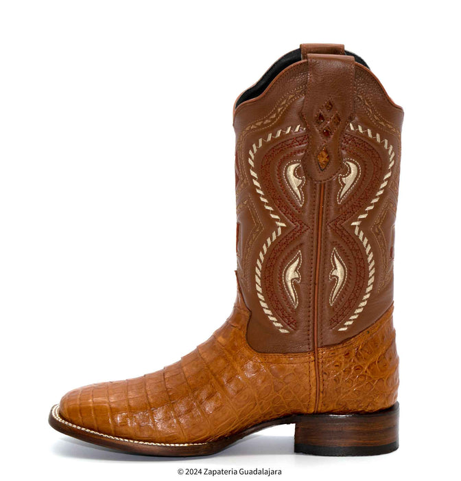 JB706 MEN WIDE SQUARE TOE CAIMAN BELLY COGNAC BOOT