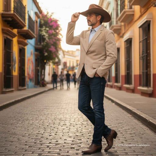 A man wearing a beige blazer, blue jeans, brown boots, and a brown cowboy hat walks down a cobblestone street lined with colorful buildings.