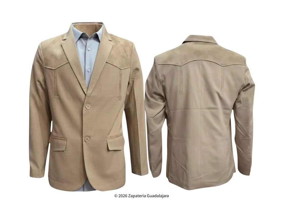 A tan suede western-style blazer shown from both the front and back views on a white background, styled with a light blue dress shirt.
