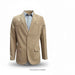 A tan suede and fabric jacket with western-style stitching, displayed on a white background with a light blue dress shirt underneath.