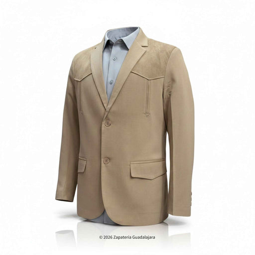 A tan suede blazer jacket with notched lapels and flap pockets, styled over a light blue dress shirt on a white background.