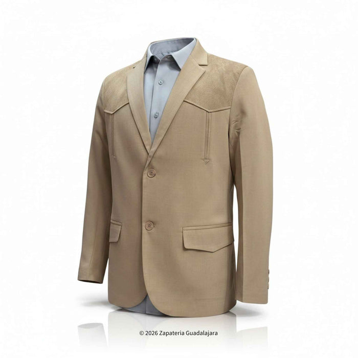 A tan suede blazer jacket with notched lapels and flap pockets, styled over a light blue dress shirt on a white background.