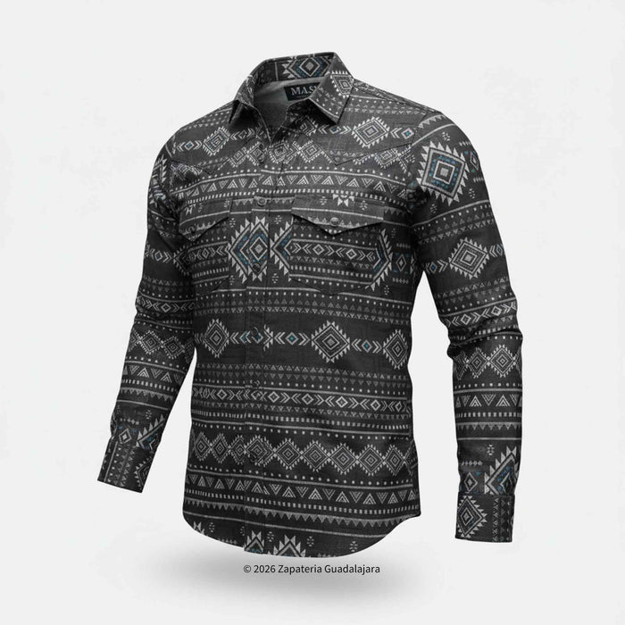 Black patterned shirt on a white background