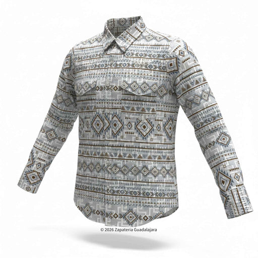 Long-sleeve shirt with geometric pattern on a white background