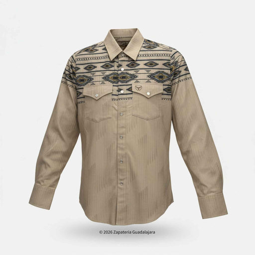 Beige shirt with patterned accents on a white background