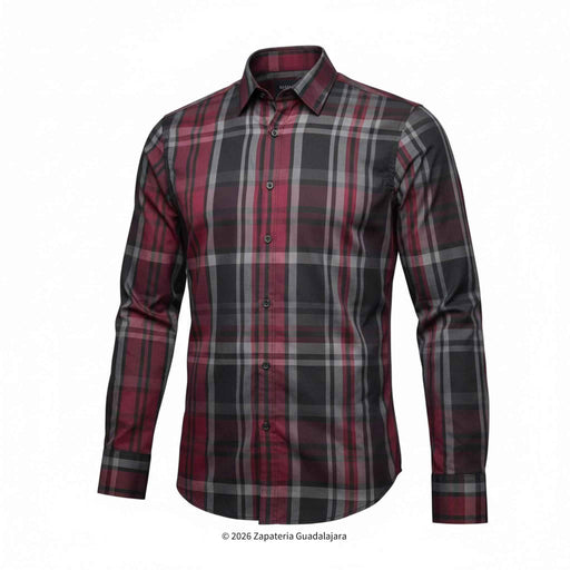 Plaid shirt with red and black pattern on a white background