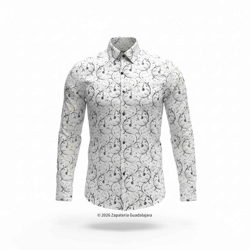White shirt with black floral pattern on a white background