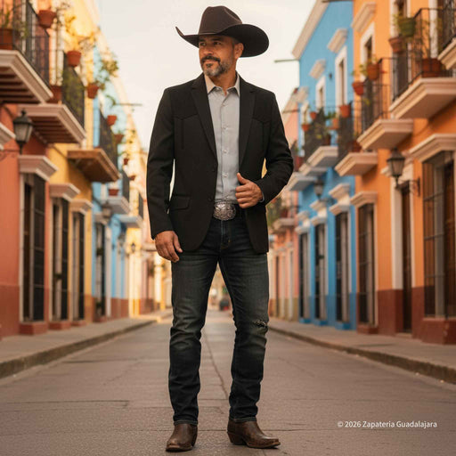 A man wearing a black cowboy hat, black blazer, light blue dress shirt, dark jeans, and brown boots stands on a city street lined with colorful colonial-style buildings.