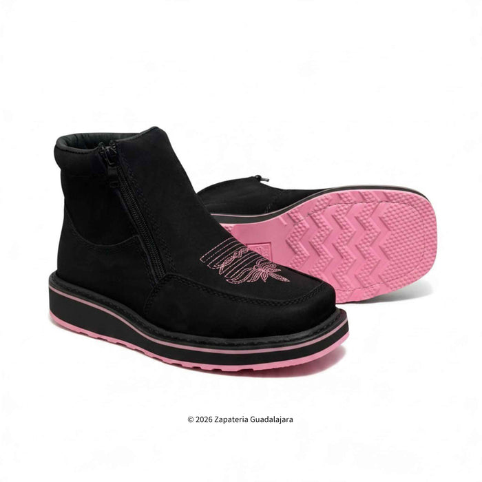 black leather women work boot with pink sole and pink embroidered