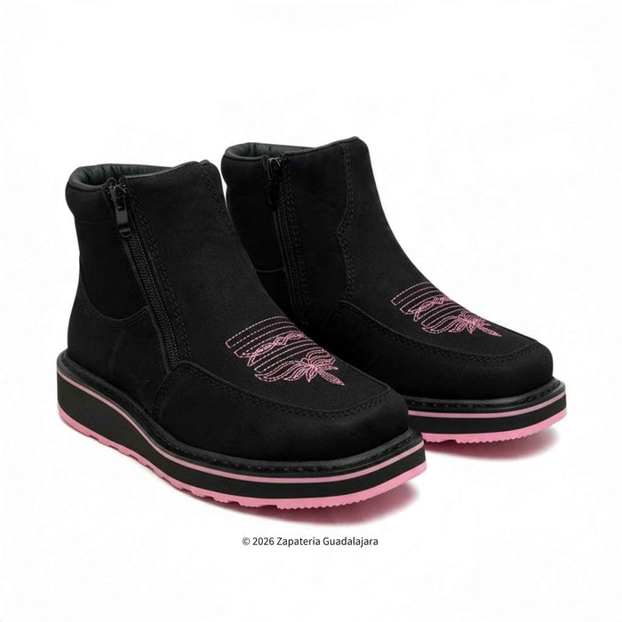 Ladies 6" Comfort-Flex Pink Sole Black Nubuck Leather Work Boot – Double Zipper