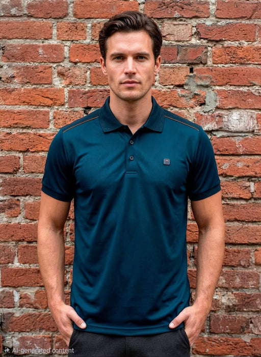 Man wearing a teal polo shirt against a brick wall