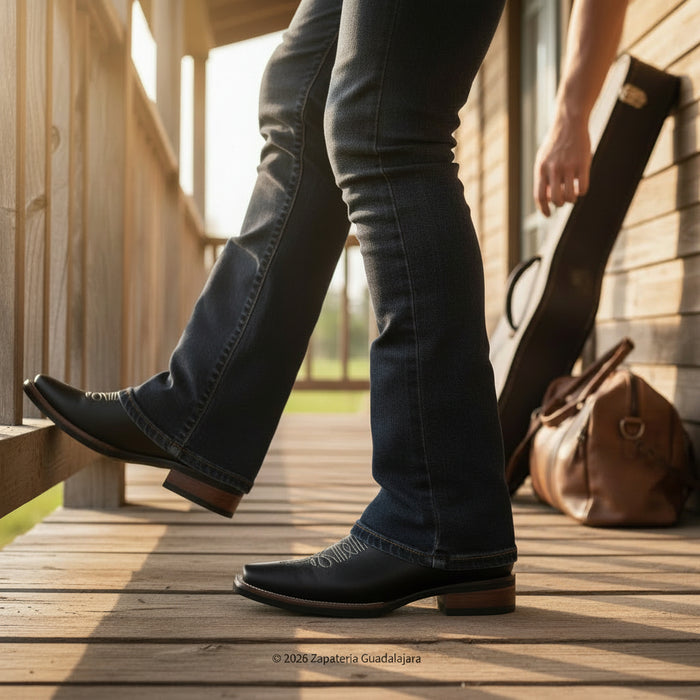 Crazy Black Square Toe Rubber Sole Leather Boot-010146 Crazy Black Square Toe Rubber Sole Leather Boot-010146