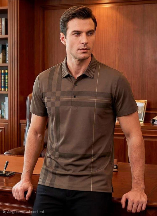 Man wearing a brown checkered shirt in an office setting