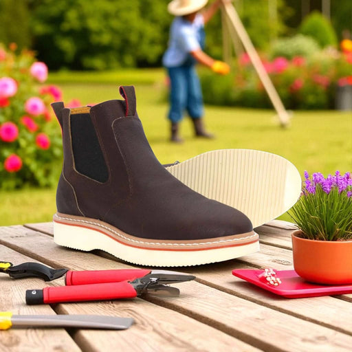 Brown gardening boots with white soles on a wooden table with garden tools and plants, blurred background of a person gardening.