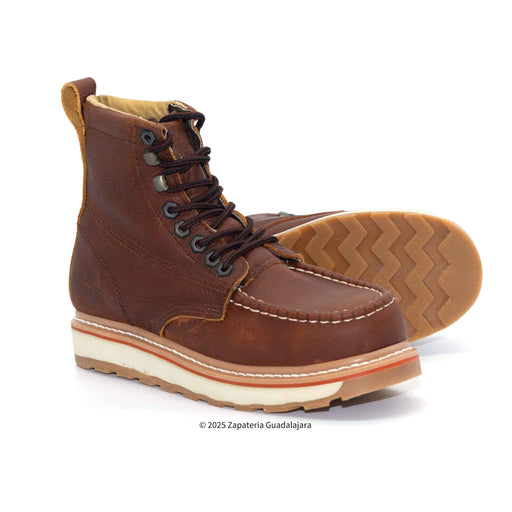 Brown leather boot with a white sole on a white background
