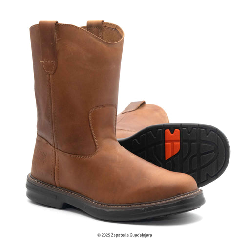 Brown leather boot with black sole and orange logo on a white background