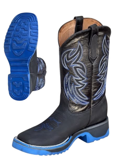A pair of western cowboy boots in black leather with blue and white embroidered stitching, featuring a bright blue outsole and heel, shown against a plain white background with one boot displaying its sole.