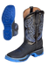 A pair of western cowboy boots in black leather with blue and white embroidered stitching, featuring a bright blue outsole and heel, shown against a plain white background with one boot displaying its sole.