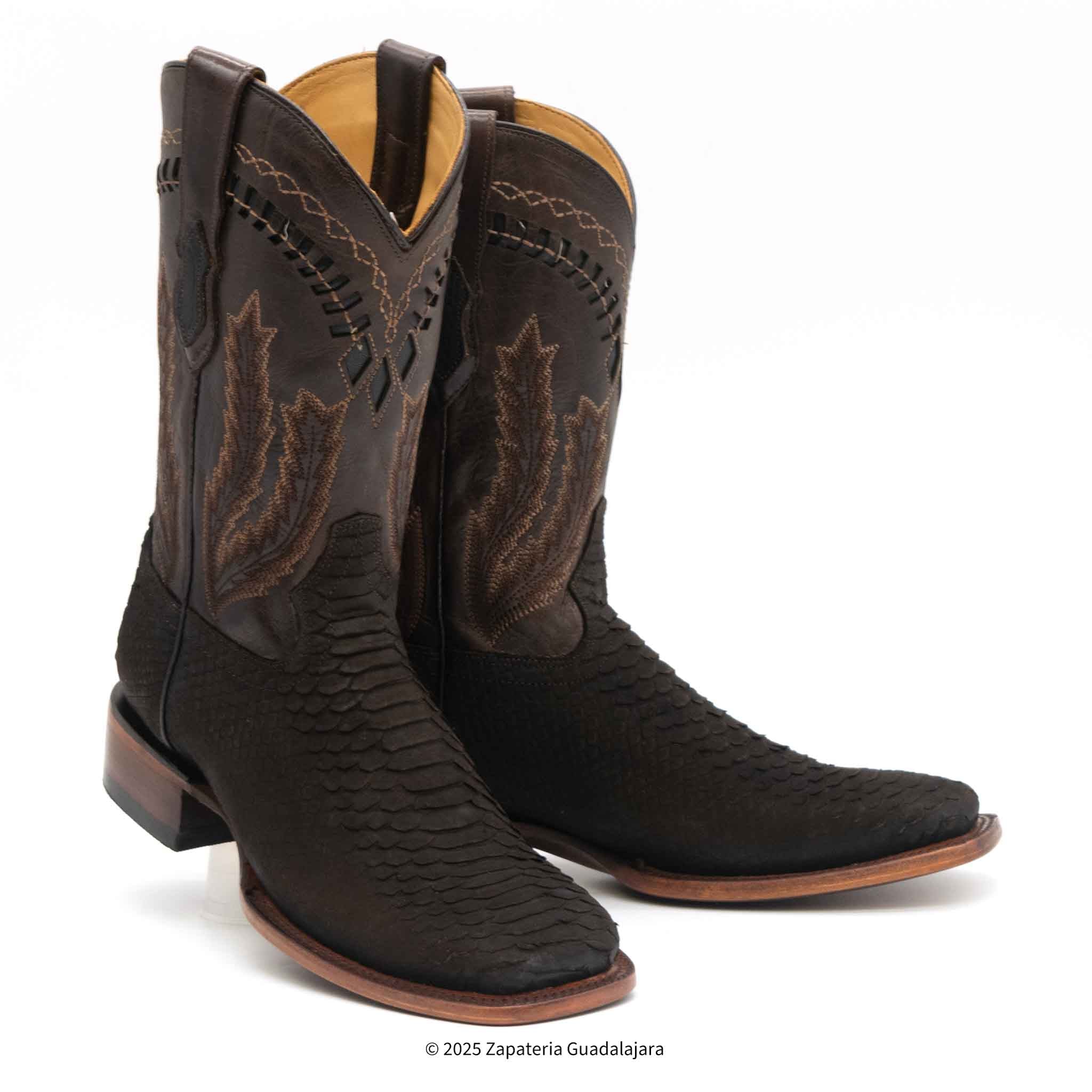 MEN'S WIDE SQUARE TOE FAUX PYTHON TRIBUTE CHOCO BROWN LEATHER BOOT