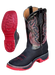 A pair of western boots shown on a plain white background, with one boot standing upright to display the side and the other lying down to show the red outsole. The boots are black with pink and white embroidered patterns on the shaft and a red outsole.